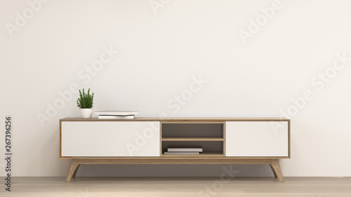 clean modern Tv wood cabinet in empty room interior background  3d rendering home designs,background shelves and books on the desk in front of  wall empty wall © kanok