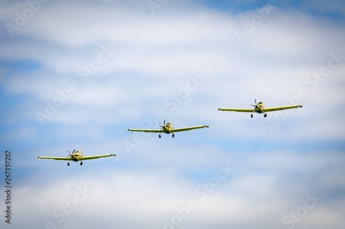 TEL AVIV, ISRAEL. May 9, 2019. Three Air Tractor AT-802F firebombers air tankers flying over the Tel Aviv coast during the annual flyby on the occasion of the 71 Israel Independence Day concept. 
