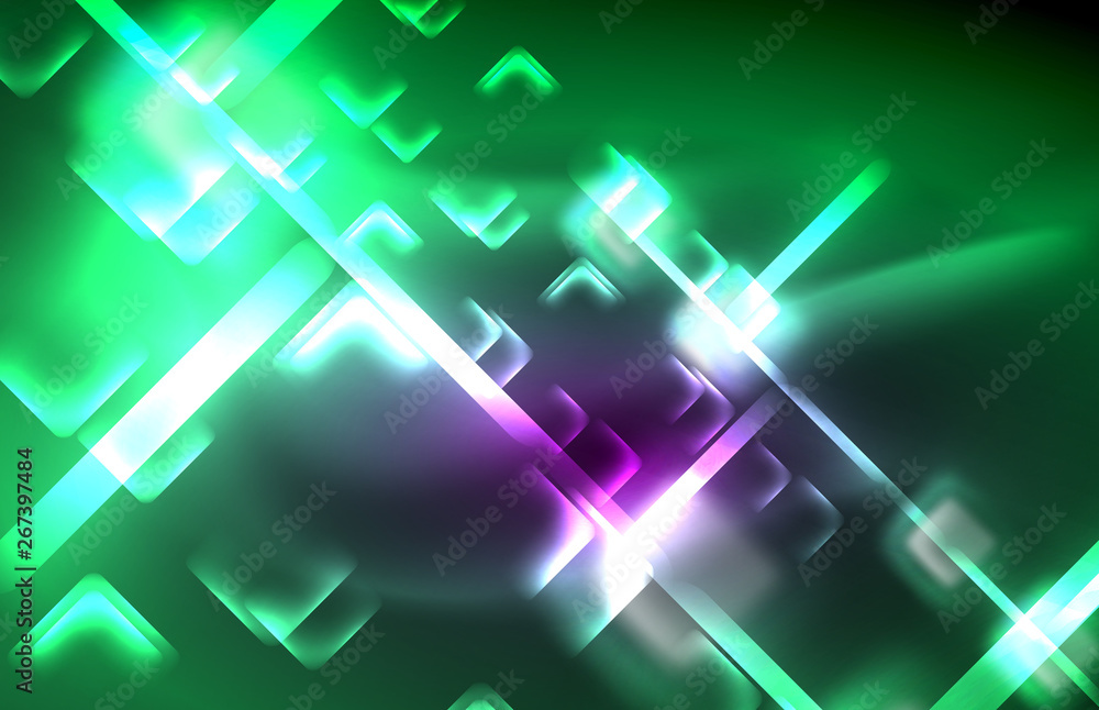 Neon square and line lights on dark background with blurred effects Neon square and line lights on dark background with blurred effects