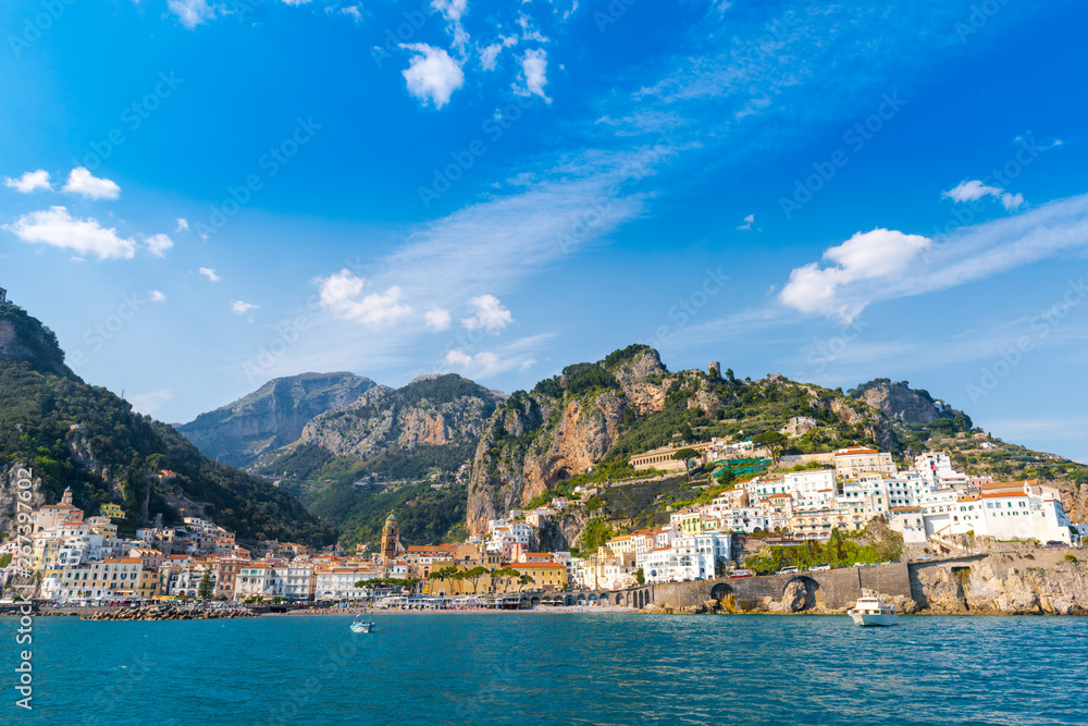 Panoramic view of Amalfi. Italian seaside town on coastline of Tyrrhenian Sea