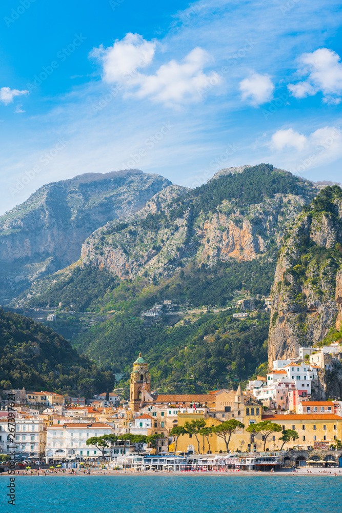 Amalfi at sunny day. Beautiful Italian seaside town on coastline of Tyrrhenian Sea