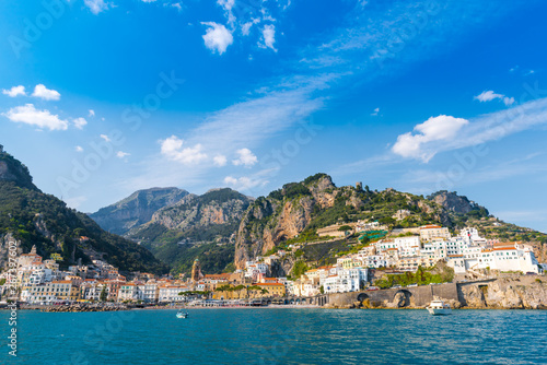 Panoramic view of Amalfi. Italian seaside town on coastline of Tyrrhenian Sea