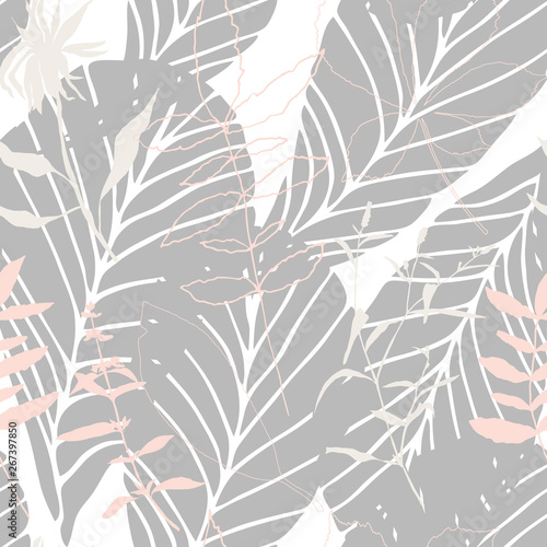 Leaves and flowers background. Vector seamless pattern with hand drawn realis...
