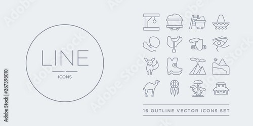16 line vector icons set such as desert saloon, desert tree, dream catcher, dromedary, dunes contains egypt, far west boot, fennec, hieroglyph. desert saloon, tree, dream catcher from outline icons.