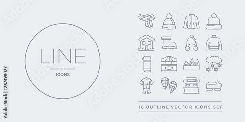 16 line vector icons set such as snowmobile, snowplow, snowshoes, snowsuit, snowy contains snowy mountain, stall, themos flask, turtleneck sweater. snowmobile, snowplow, snowshoes from winter