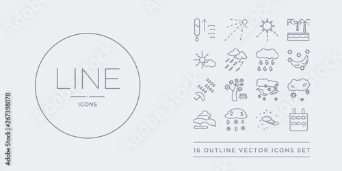 16 line vector icons set such as rainy day, sand storms, sleet, smog, snow cloud contains snow storms, spring, sprinkle weather, starry night. rainy day, sand storms, sleet from weather outline
