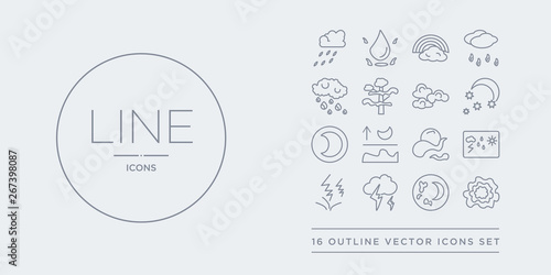 16 line vector icons set such as isobars, last quarter, light bolt, lightning, meteorology contains mist, moonrise, new moon, night. isobars, last quarter, light bolt from weather outline icons.