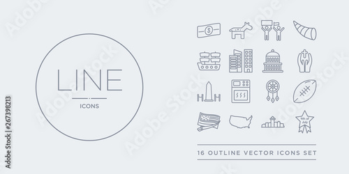 16 line vector icons set such as 4th of july, albuquerque, america, american civil war, american football contains american native, bake, washington monument, blessings. 4th of july, albuquerque,