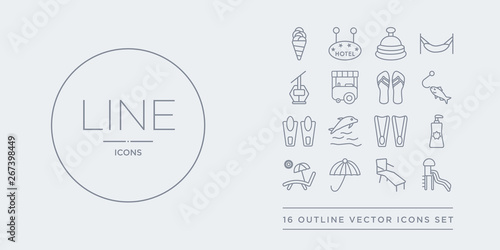 16 line vector icons set such as aqua park, beach chair, beach umbrella, deck chairs and sun, dispenser contains diving fins, dolphin on water waves, fins, fish and hook. aqua park, beach chair,