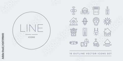 16 line vector icons set such as heating, home automation, home devices, house, household contains illumination, intercom, jalousie automation, light. heating, home automation, devices from smart