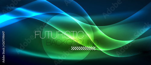 Glowing abstract wave on dark, shiny motion, magic space light. Techno abstract background