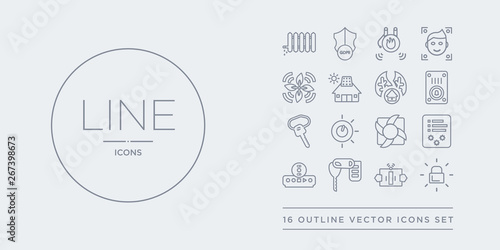16 line vector icons set such as alarm system, automated door, car key, cd player, control panel contains cooler, dimmer, door key, doorbell. alarm system, automated door, car key from smart home