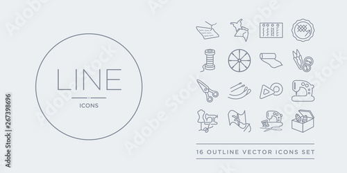 16 line vector icons set such as sewing box, sewing clip art, sewing craft, equipment, machine contains marker, needles, scissors, tools. box, clip art, craft from sew outline icons. thin, stroke