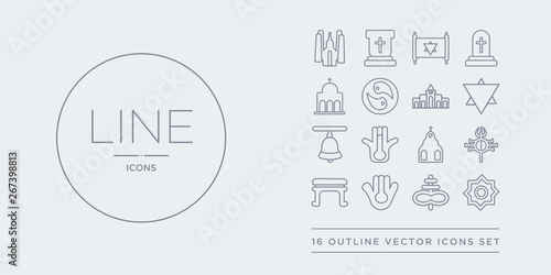 16 line vector icons set such as rub el hizb, satanism, semitic neopaganism, shinto, shiva contains shrine, spiritual, standing bell, star of david. rub el hizb, satanism, semitic neopaganism from
