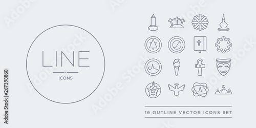 16 line vector icons set such as abrahamic, agnosticism, angel, anglican, animism contains ankh, asceticism, atheism, bahai. abrahamic, agnosticism, angel from religion outline icons. thin, stroke