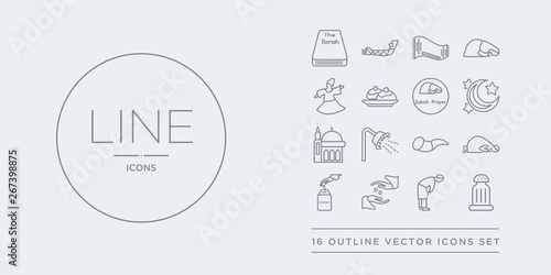 16 line vector icons set such as religious salt, ruku posture, sadaqah, sadaqah charity, salah contains shofar, shower head and water, small mosque, star and crescent moon. religious salt, ruku