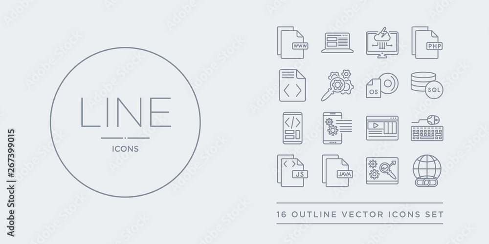 16 line vector icons set such as hyperlink, image seo, java, js, keyboard and mouse contains landing page, mobile app, mobile development, mysql. hyperlink, image seo, java from programming outline