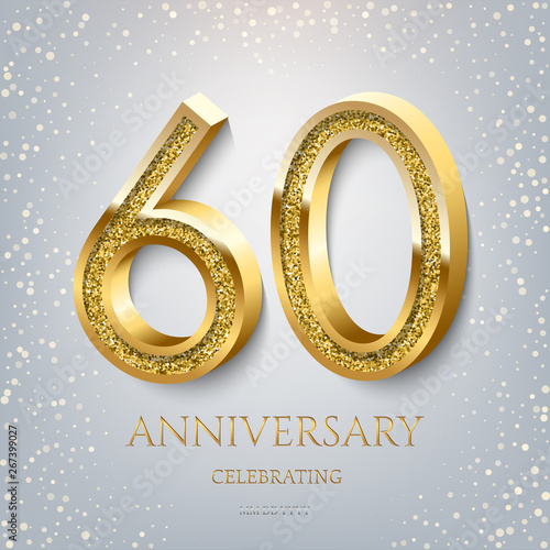 60th Anniversary Celebrating golden text and confetti on light blue background. Vector celebration 60 anniversary event template.