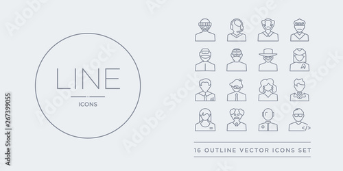16 line vector icons set such as programmer, racer, scientist, secretary, showman contains singer, software developer, statistician, stewardess. programmer, racer, scientist from professions outline
