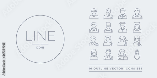 16 line vector icons set such as obstetrician and gynecologist, office worker, orthodontist, painter, pediatrician contains pensioner, pharmacist, photographer, physician assistant. obstetrician and