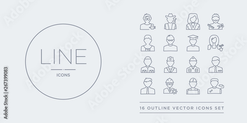 16 line vector icons set such as dyer, electrician, engineer, financial advisor, financial manager contains firefighter, fireman, fisherman, florist. dyer, electrician, engineer from professions