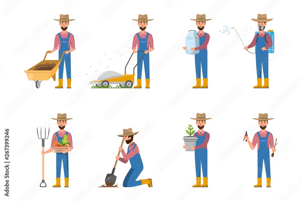 happy farmer cartoon in many characters set