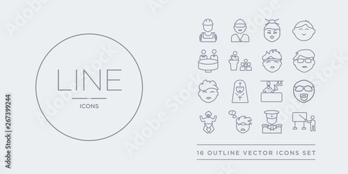 16 line vector icons set such as acting class, airplane pilot, angry man, baby, bald man face with beard and sunglasses contains barman, bishop face, boy face, boy with glasses. acting class,