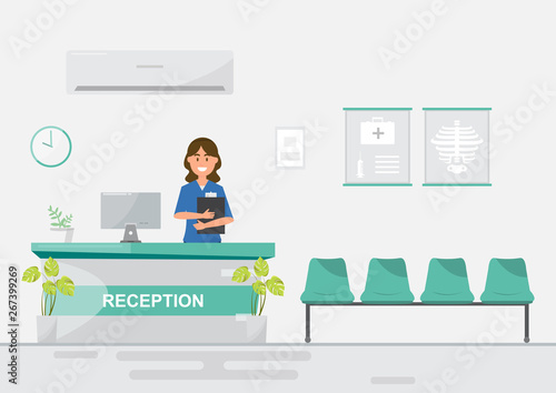 medical staff women in reception hospital on flat style.
