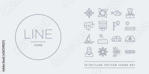 16 line vector icons set such as rope tied, rubber raft, rudder, sailor, sailor cap contains sailor hat, salt water, scow, sea. rope tied, rubber raft, rudder from nautical outline icons. thin,