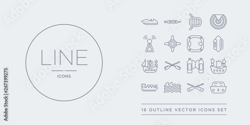 16 line vector icons set such as navy hat, oars, ocean waves, oil tanker ship, old galleon contains oxygen tank, paddles, pirate ship, port and starboard. navy hat, oars, ocean waves from nautical