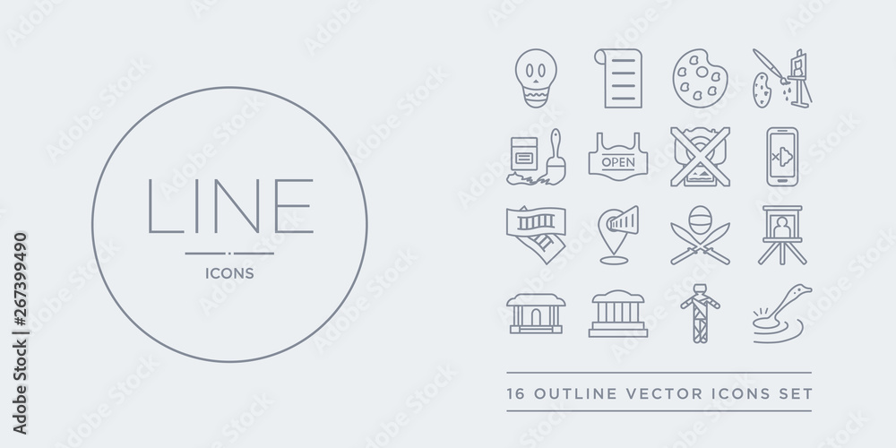 16 line vector icons set such as metal detector, mummy, museum, museum building, museum canvas contains fencing, map, ticket, no phone. metal detector, mummy, from outline icons. thin, stroke