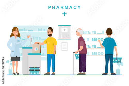 pharmacy with pharmacist and client in counter