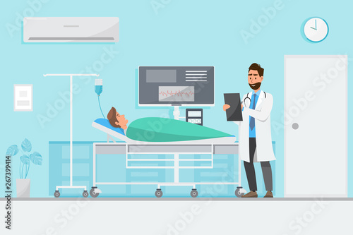 Medical concept with doctor and patients in flat cartoon on hospital hall
