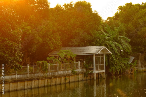 Pavilion and house near the canal in the morning. © Pongsatorn