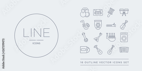 16 line vector icons set such as accordion, acoustic, acoustic guitar, album, amplifier contains bagpipes, balalaika, banjo, bass guitar. accordion, acoustic, guitar from music outline icons. thin,