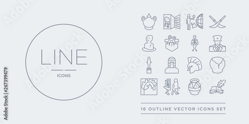 16 line vector icons set such as poetry, porcelain, portrait, quill, relics contains roman or greek helmet, sarcophagus, sculpture, security guard. poetry, porcelain, portrait from museum outline © t-vector-icons