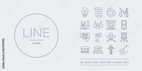16 line vector icons set such as metal detector, mummy, museum, museum building, museum canvas contains fencing, map, ticket, no phone. metal detector, mummy, from outline icons. thin, stroke