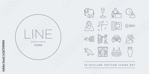 16 line vector icons set such as ceramic, closed, curtain, dinosaur, el greco contains excursion, exhibit, exhibition, fishbone. ceramic, closed, curtain from museum outline icons. thin, stroke © t-vector-icons