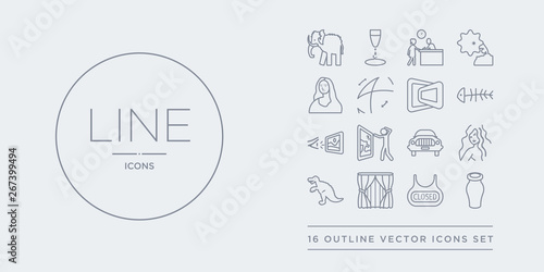 16 line vector icons set such as ceramic, closed, curtain, dinosaur, el greco contains excursion, exhibit, exhibition, fishbone. ceramic, closed, curtain from museum outline icons. thin, stroke