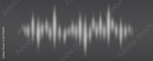 White halftone pattern, audio waveform. Modern design rhythm of heart. Sound wave spectrum. Abstract dotted ornament isolated on black background photo