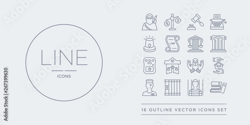 16 line vector icons set such as practise areas, prisioner, prison, prisoner, property and finance contains qualified protection, real estate law, recorder, roman law. practise areas, prisioner,