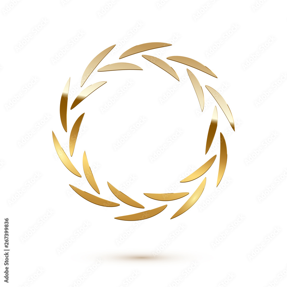 Golden shiny round laurel wreath isolated on white background. Vector design element.