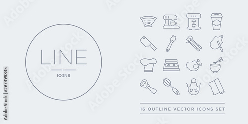 16 line vector icons set such as aluminum foil, apron, beater, bottle opener, bowl contains broiler, bun warmer, chef hat, chopping board. aluminum foil, apron, beater from kitchen outline icons.