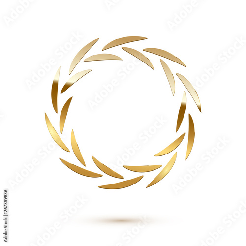 Golden shiny round laurel wreath isolated on white background. Vector design element.