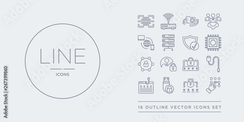 16 line vector icons set such as passkey, password, pendrive security, phishing, phone cable contains pin code, privacy, private network, processor. passkey, password, pendrive security from