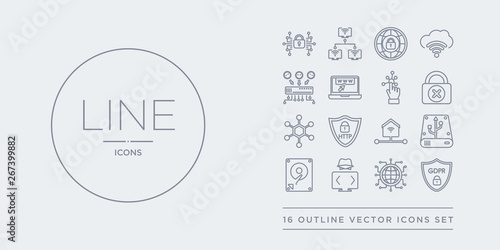 16 line vector icons set such as gdpr shield, global network, hacker, hard disc, hard drive contains home network, https, hub, insecure. gdpr shield, global network, hacker from internet security