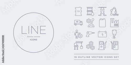 16 line vector icons set such as gas station, gasoline pump, gear, harbor crane, hook crane contains industrial battery, industrial drill, industrial engineer, industry. gas station, gasoline pump,