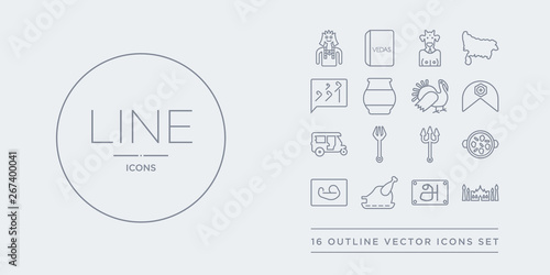 16 line vector icons set such as taj mahal, tamil language, tandoori, telugu language, tikka masala contains trident, trisul, tuk tuk, turban. taj mahal, tamil language, tandoori from india outline