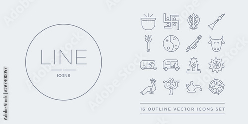 16 line vector icons set such as odisha, oil lamp, parvati, peacock, rangoli contains ratha-yatra, ricksaw, rickshaw, sac cow. odisha, oil lamp, parvati from india outline icons. thin, stroke