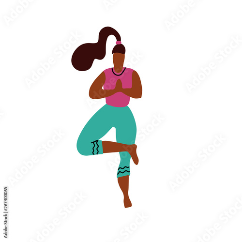 Young woman stand on one leg in a yoga pose and meditates. Yoga girl in fitness position. Cute bright girl performs yoga asana Vrikshasana Tree Pose on isolated white background.Vector illustration